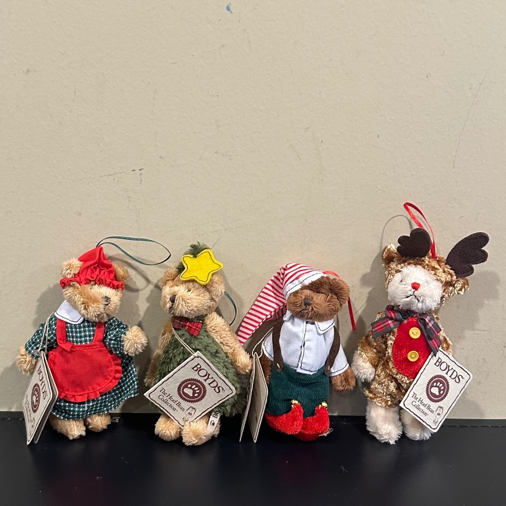 Boyds Bears The Head Bean Collection Christmas Plush Ornaments Set of 4